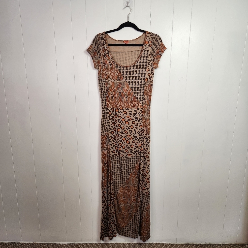 Chan Luu Patchwork Leopard Animal Print Maxi Dress Bodycon Short Sleeve Small - Picture 3 of 11